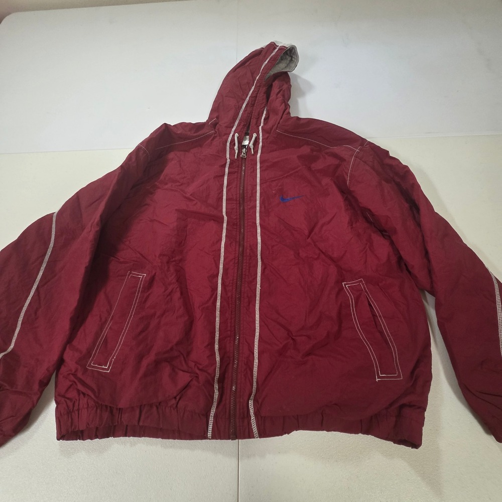 Vintage 90s Nike Windbreaker Jacket Mens XL Maroon Red Full Zip Hooded Swoosh